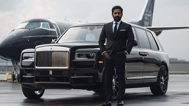 indian man black suit by black rollsroyce cullinan black private jet gray sky 598743 1648
